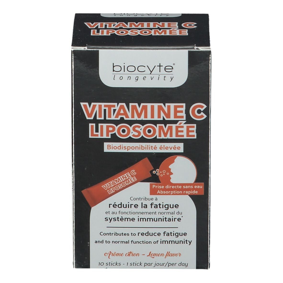 Vorderseite der Biocyte Vitamin C Liposomée Schachtel. Zeigt Produktname, Marke und eine Abbildung eines Sticks.