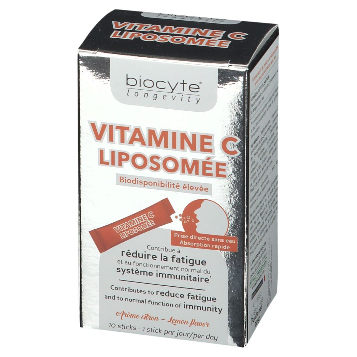 Vorderseite der Biocyte Vitamin C Liposomée Schachtel. Zeigt Produktname, Marke und eine Abbildung eines Sticks.