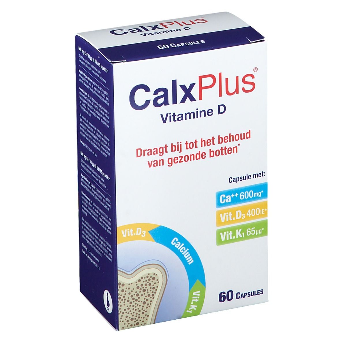 Boîte de CalxPlus Vitamine D. Contient 60 gélules. Inscription: Draagt bij tot het behoud van gezonde botten. Contient Ca++, Vit. D3, Vit. K1.