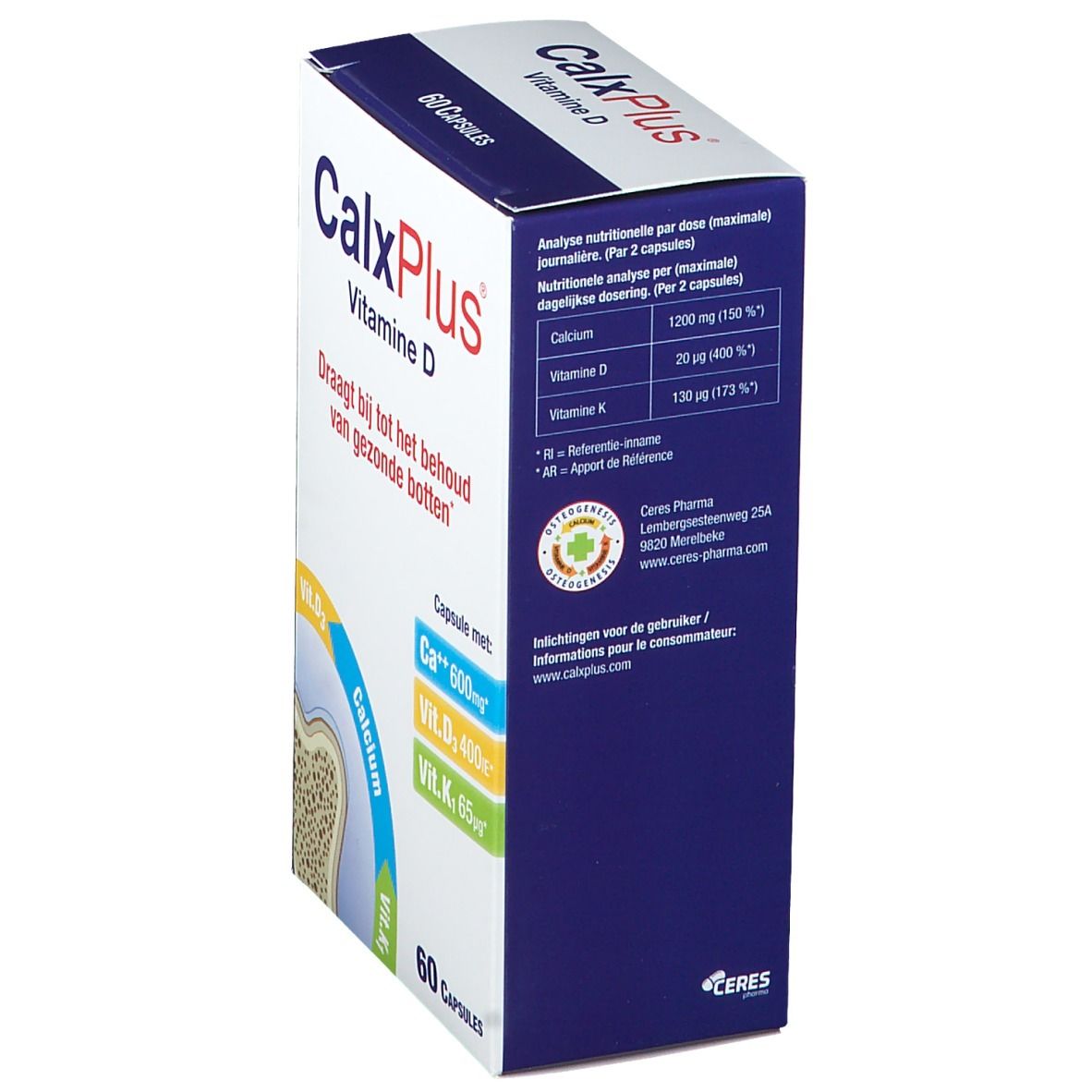 Boîte de CalxPlus Vitamine D. Contient 60 gélules. Arrière avec analyse nutritionnelle. Contient Ca++, Vit. D3, Vit. K1.