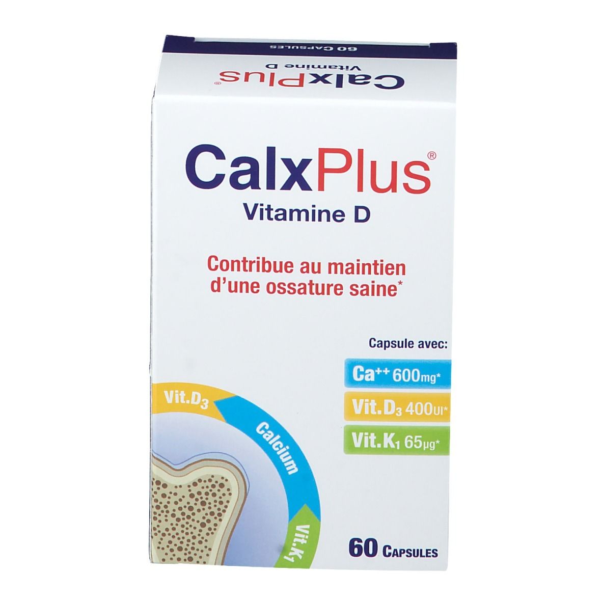Boîte de CalxPlus Vitamine D. Contient 60 gélules. Inscription: Contribue au maintien d'une ossature saine. Contient Ca++, Vit. D3, Vit. K1.