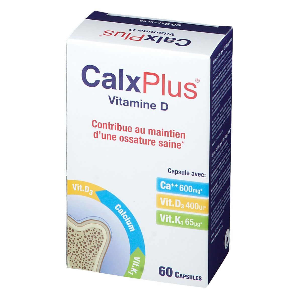Boîte de CalxPlus Vitamine D. Contient 60 gélules. Inscription: Contribue au maintien d'une ossature saine. Contient Ca++, Vit. D3, Vit. K1.