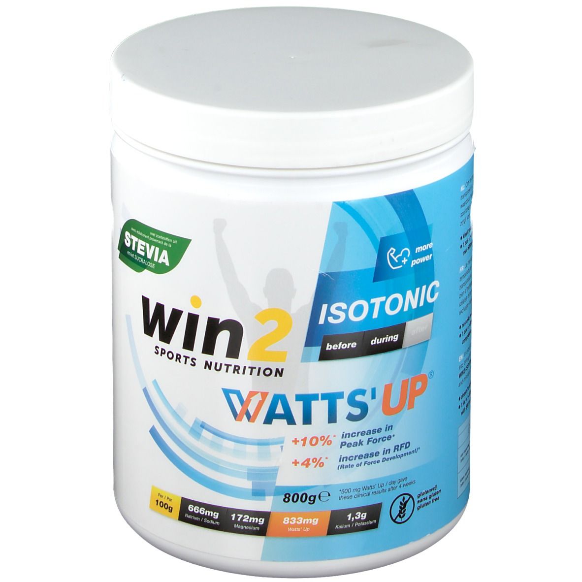 Pot blanc avec étiquette bleue. Inscription: Win2, Isotonic, Watts'Up. Contient 800g. Avec Stevia.
