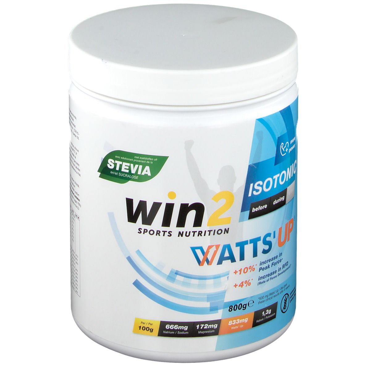 Pot blanc avec étiquette bleue. Inscription: Win2, Isotonic, Watts'Up. Contient 800g. Avec Stevia.