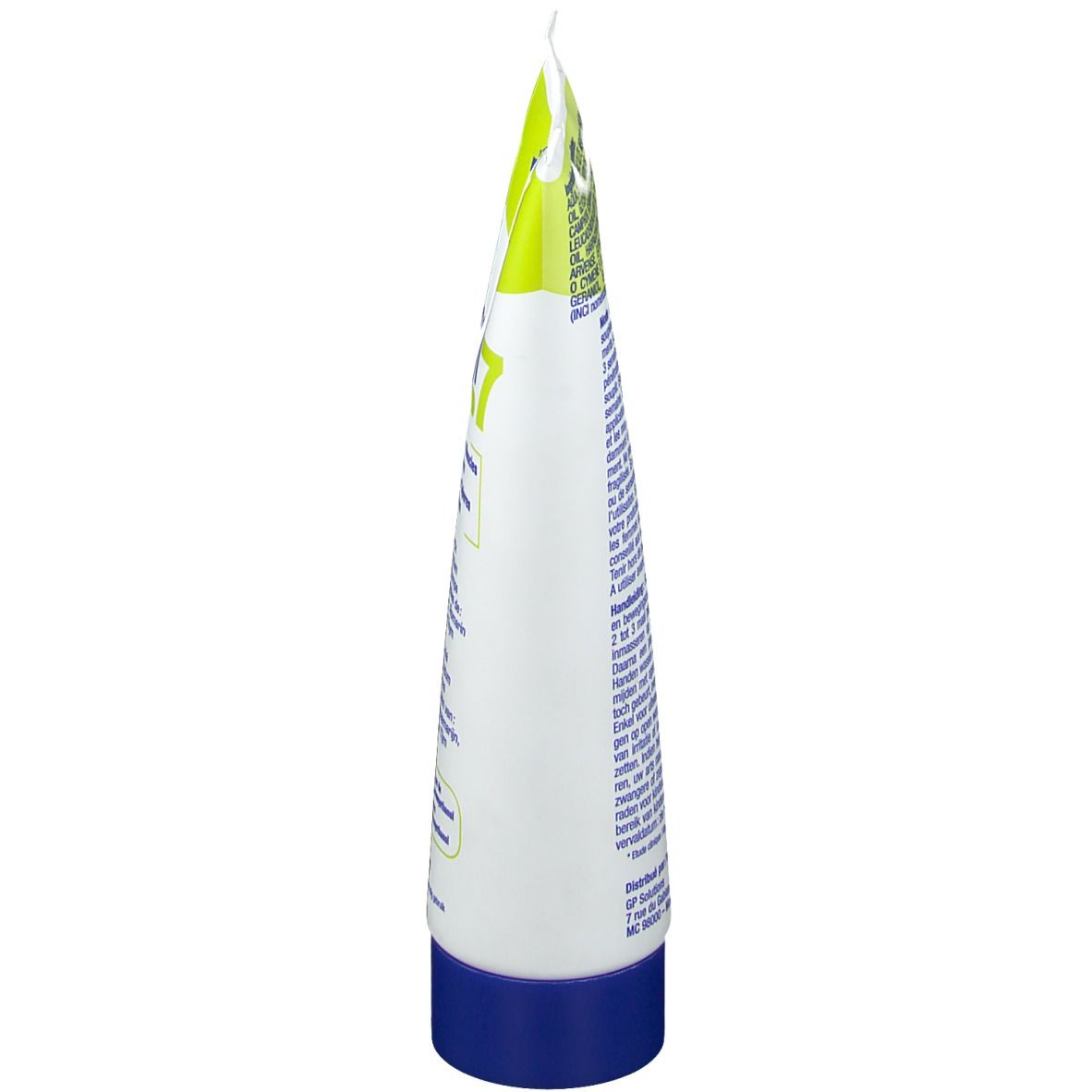 Tube de gel Flexyl 7, vue latérale. Blanc, vert et bleu. Texte sur le côté. Extrémité du tube.