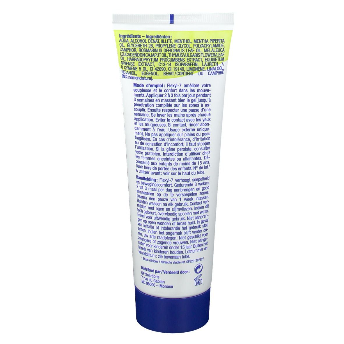 Dos du gel Flexyl 7. Texte avec ingrédients et instructions d'utilisation. Tube blanc, bouchon bleu.