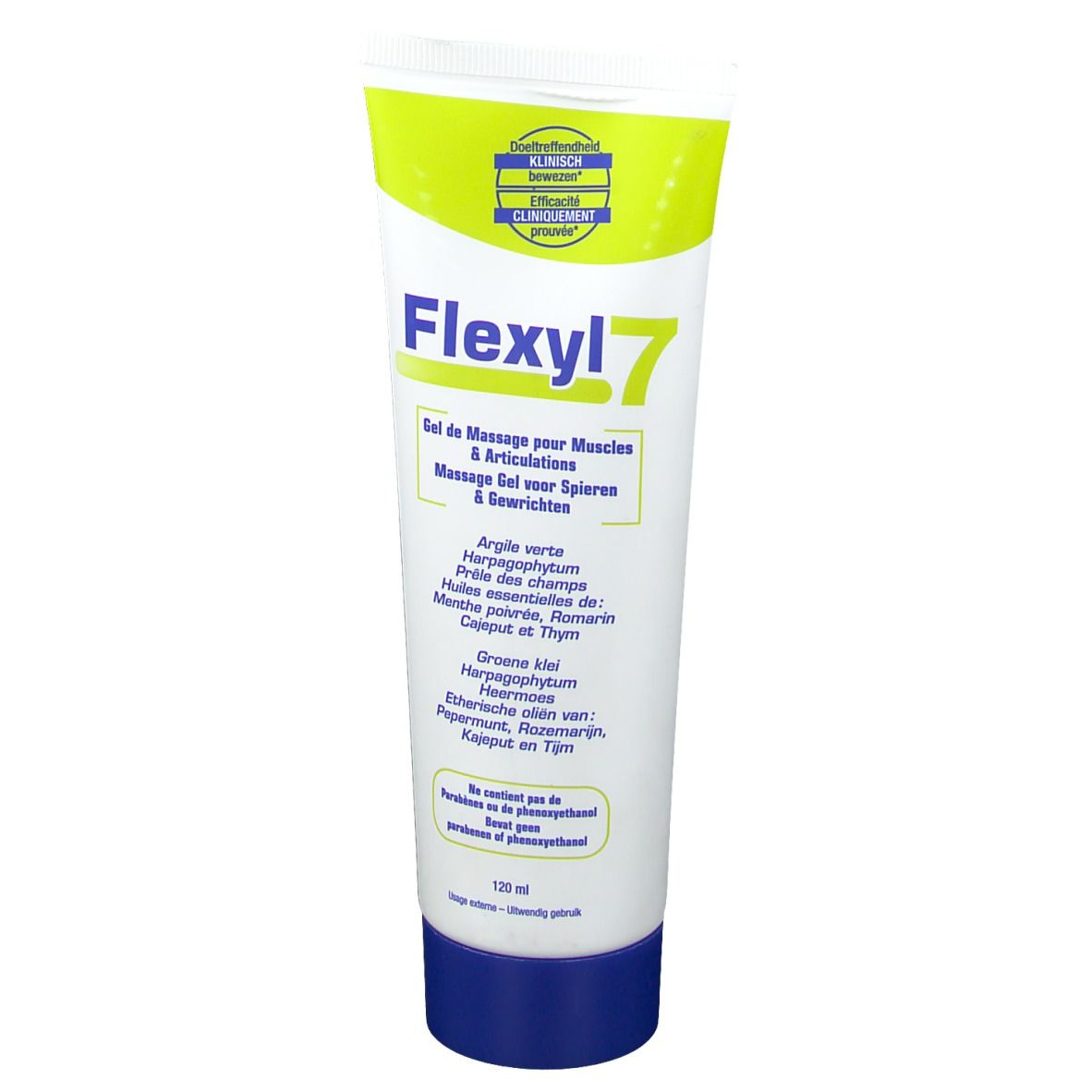 Tube de gel Flexyl 7. Blanc, vert et bleu. Texte: Gel de massage pour muscles & articulations. 120 ml.