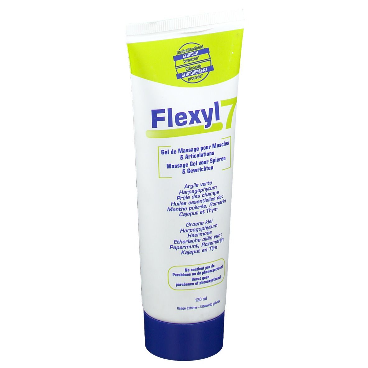 Tube de gel Flexyl 7. Blanc, vert et bleu. Texte: Gel de massage pour muscles & articulations. 120 ml.