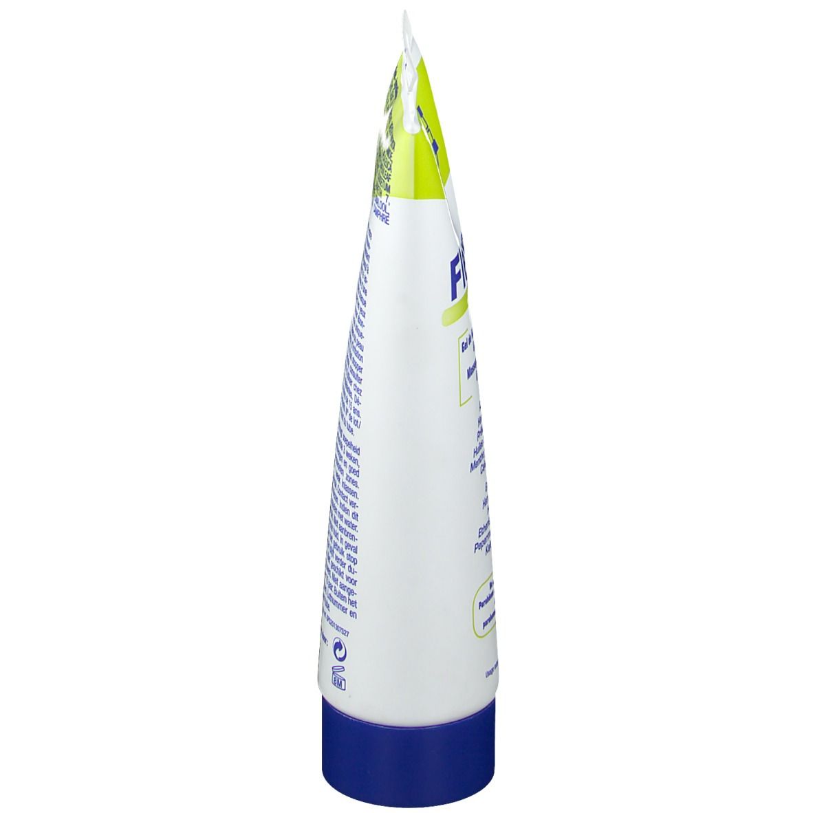 Tube de gel Flexyl 7, vue latérale. Blanc, vert et bleu. Texte sur le côté. Extrémité du tube.