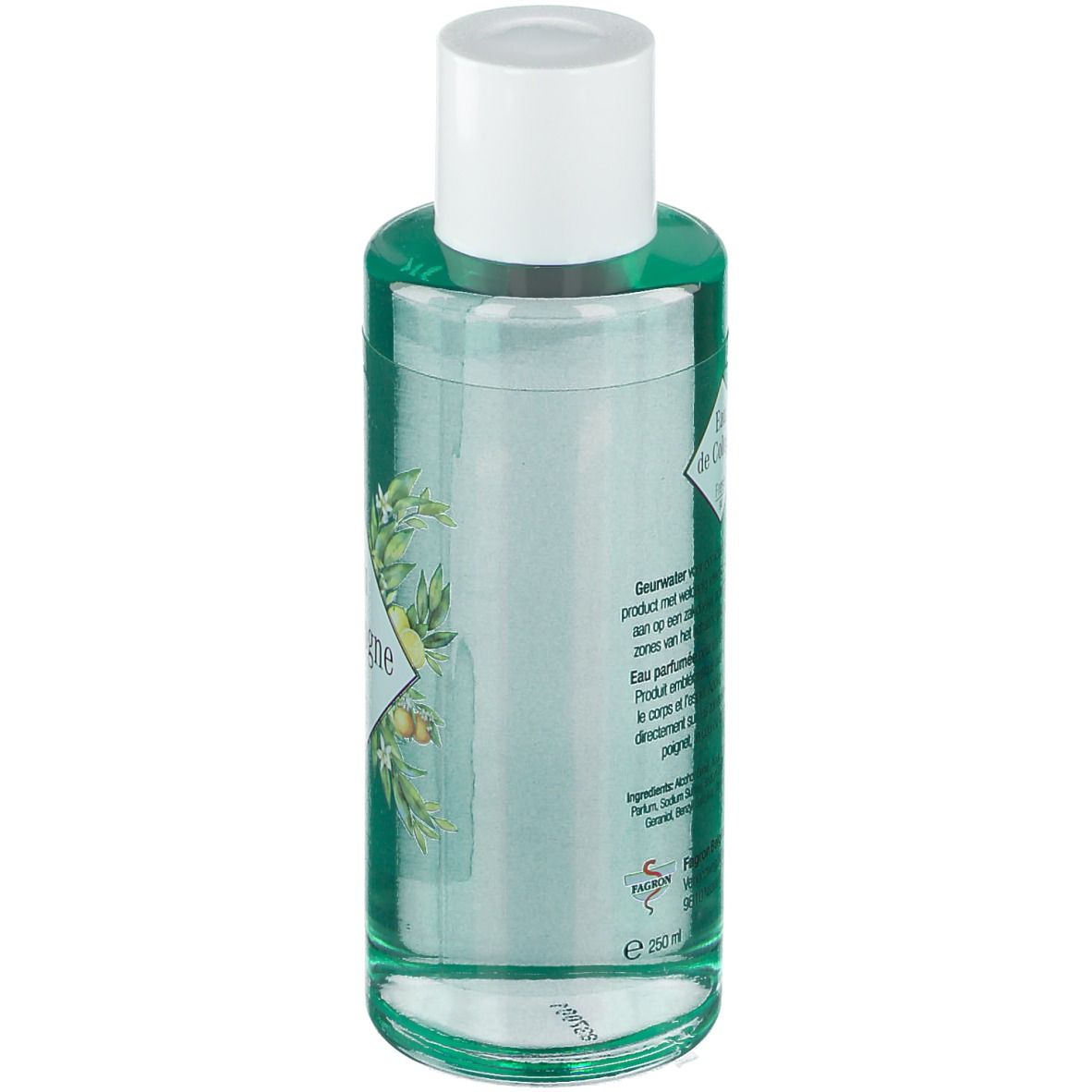 Fles Fagron Eau de Cologne 90°. Groenachtige vloeistof, witte dop. Etiket met bloemmotief en tekst.