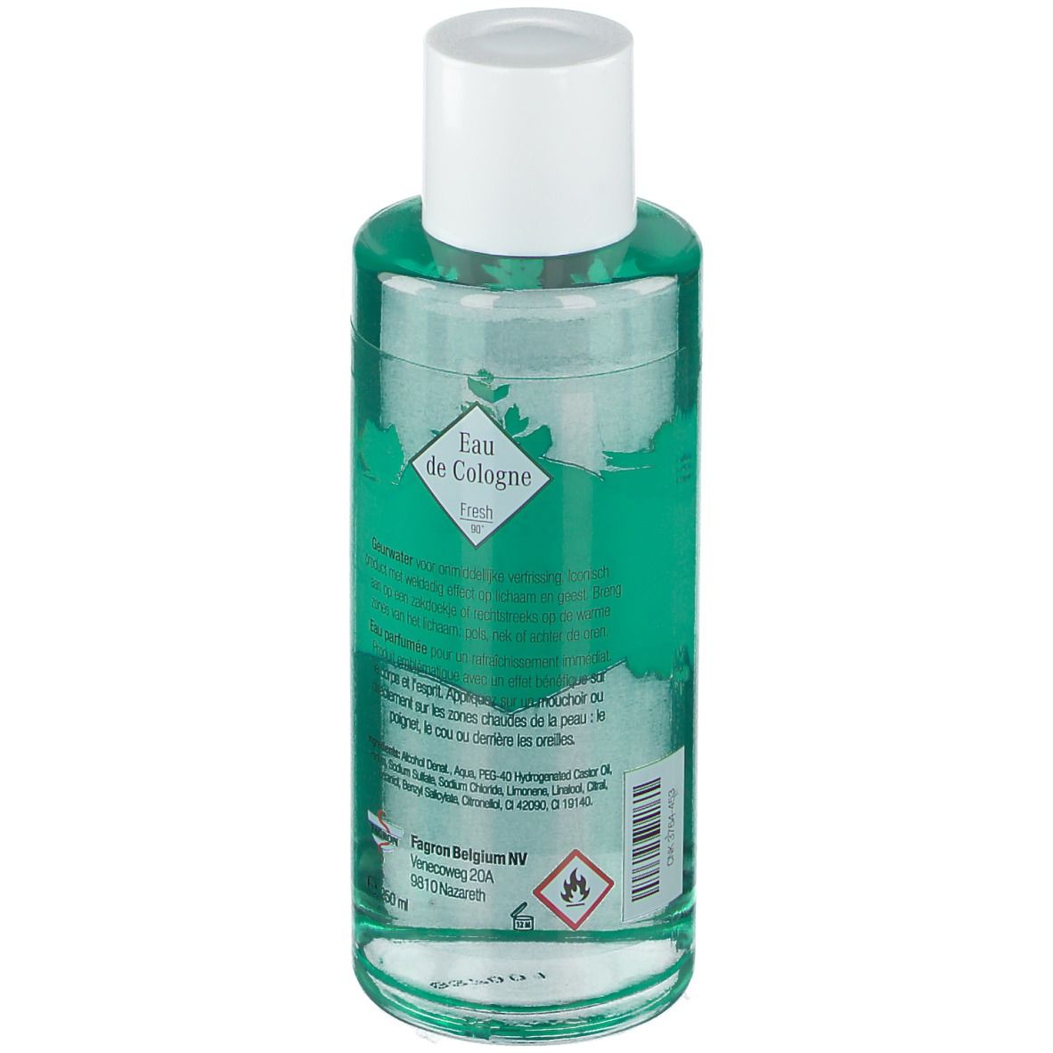 Fles Fagron Eau de Cologne 90°. Groenachtige vloeistof, witte dop. Etiket met tekst en vlammensymbool.