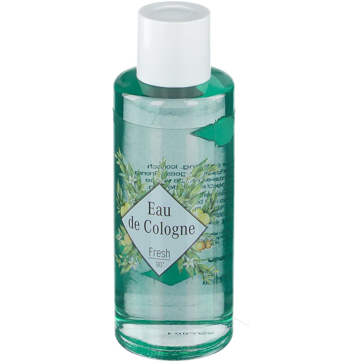 Fles Fagron Eau de Cologne 90°. Groenachtige vloeistof, witte dop. Etiket met bloemmotief en tekst.