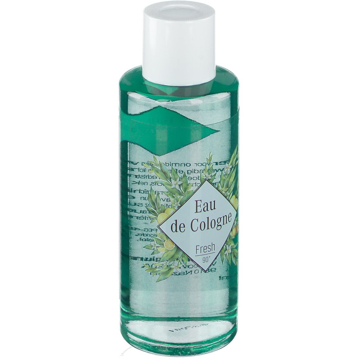 Fles Fagron Eau de Cologne 90°. Groenachtige vloeistof, witte dop. Etiket met bloemmotief en tekst.