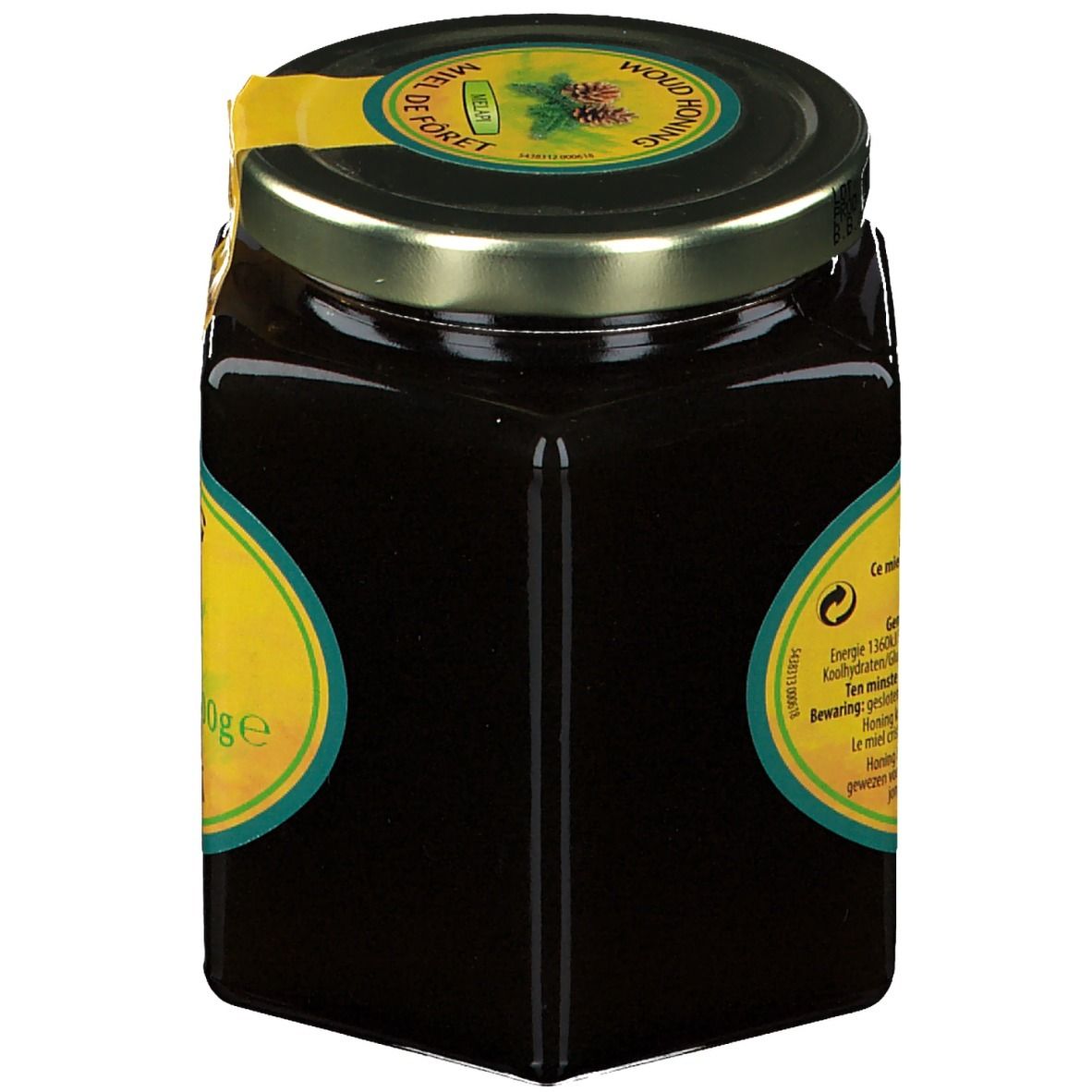 Pot de miel. Étiquette jaune avec texte. Couvercle à bord doré. Vue latérale du pot.