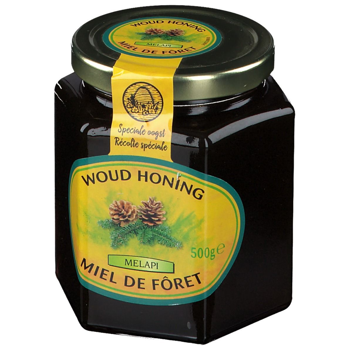 Pot de miel. Étiquette jaune avec texte: Woud Honing, Miel de Forêt. Illustration de branches de pin et de cônes.