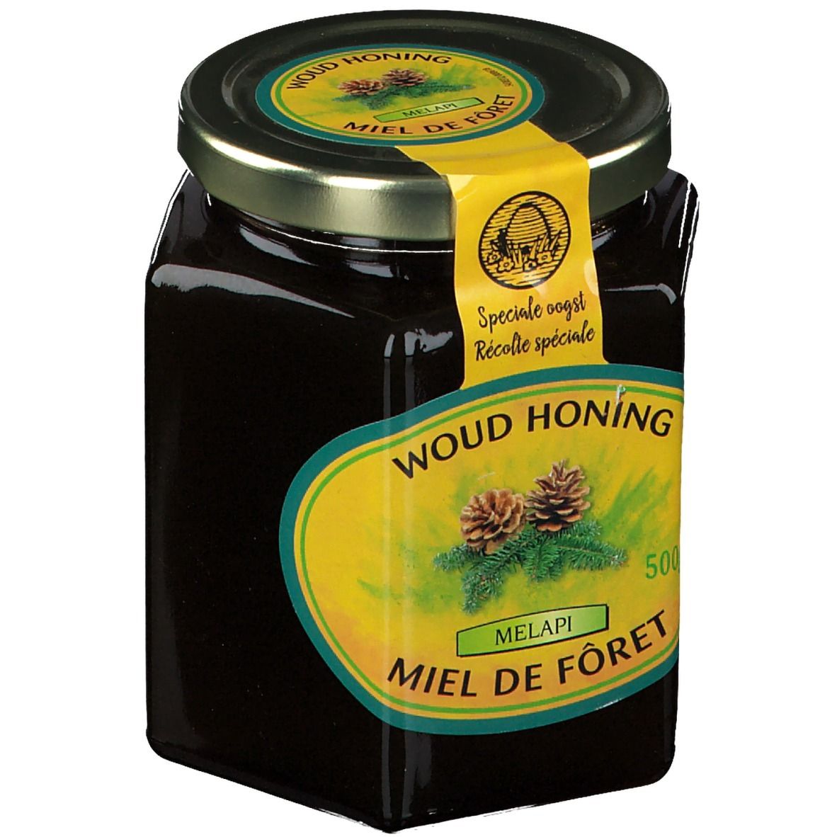 Pot de miel. Étiquette jaune avec texte: Woud Honing, Miel de Forêt. Illustration de branches de pin et de cônes.