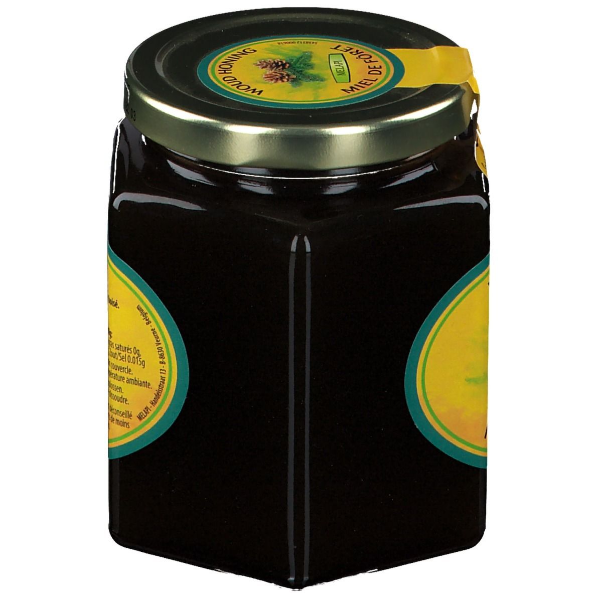 Pot de miel. Vue latérale. Étiquette jaune avec texte. Couvercle à bord doré.
