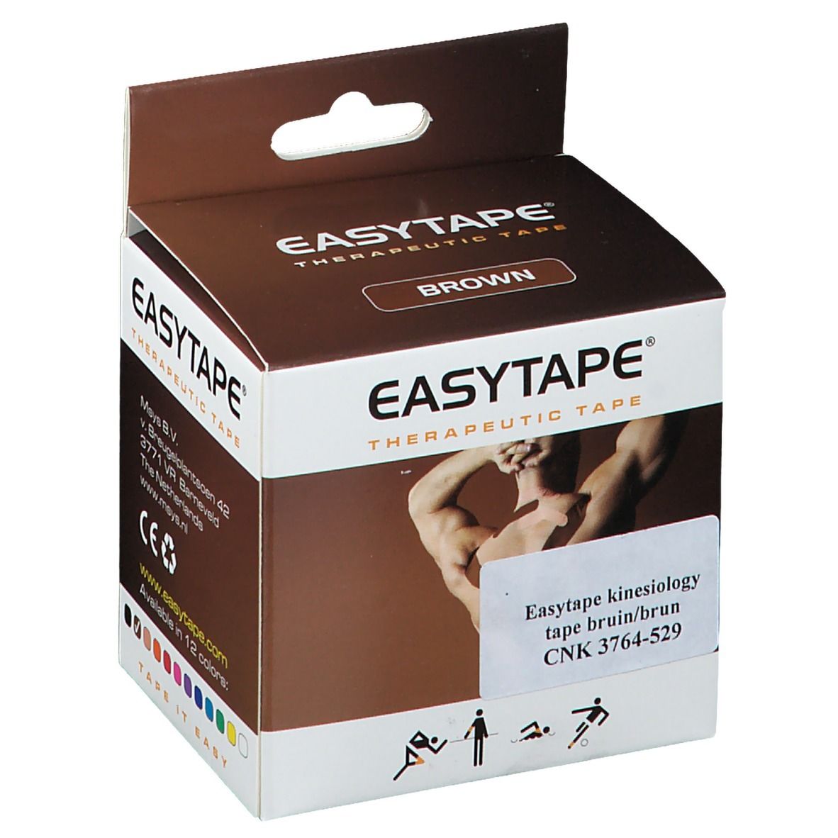 Verpakking EasyTape Kinesiology Tape. Bruine doos met productnaam en 'BROWN'. Sticker met productinformatie.