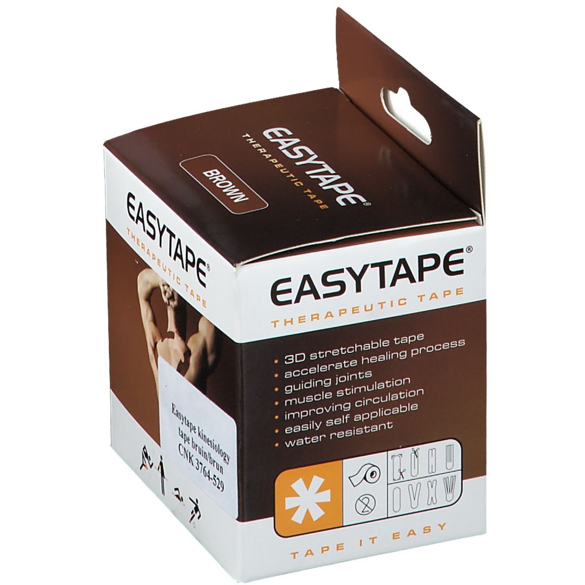 Verpakking EasyTape Kinesiology Tape. Bruine doos met naam en 'BROWN'. Productvoordelen staan op de zijkant.