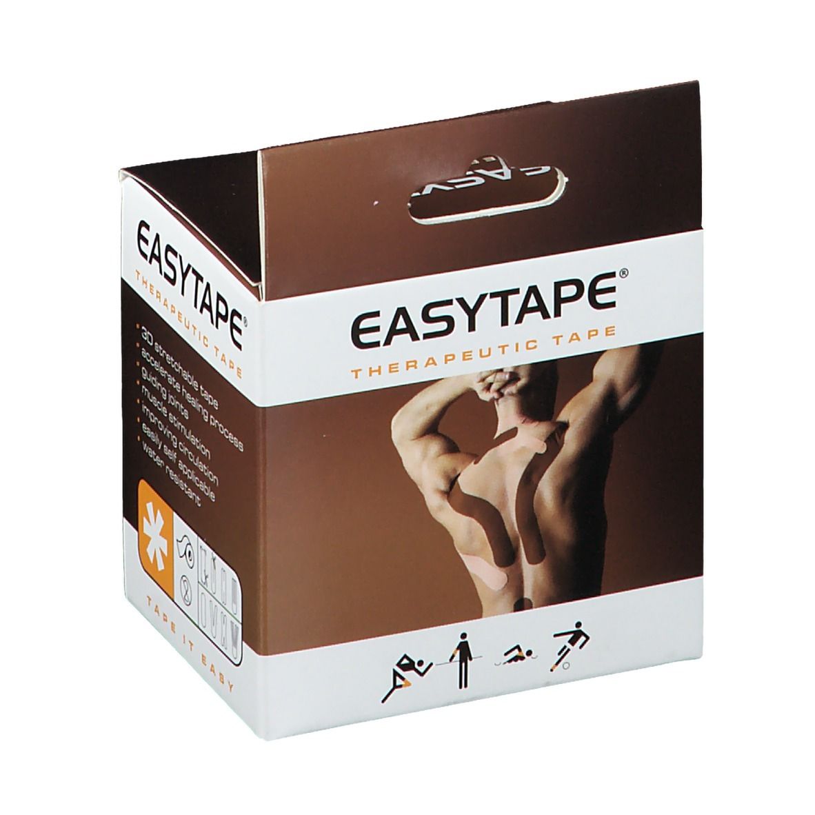 Verpakking EasyTape Kinesiology Tape. Bruine doos met naam en 'BROWN'. Productvoordelen staan op de zijkant.