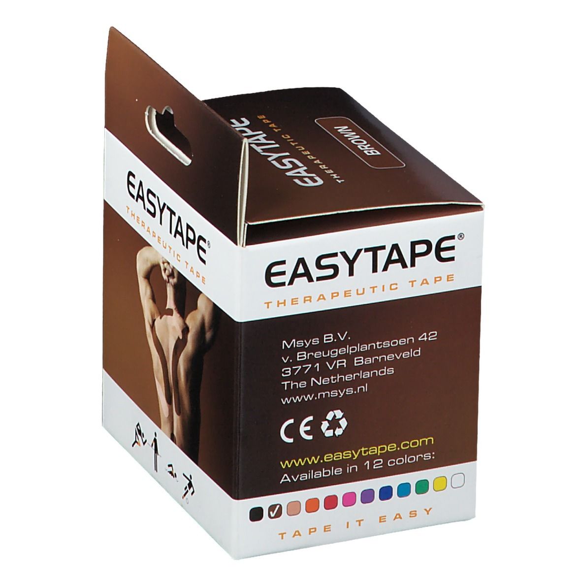Verpakking EasyTape Kinesiology Tape. Bruine doos met naam en 'BROWN'. Productvoordelen staan op de zijkant.