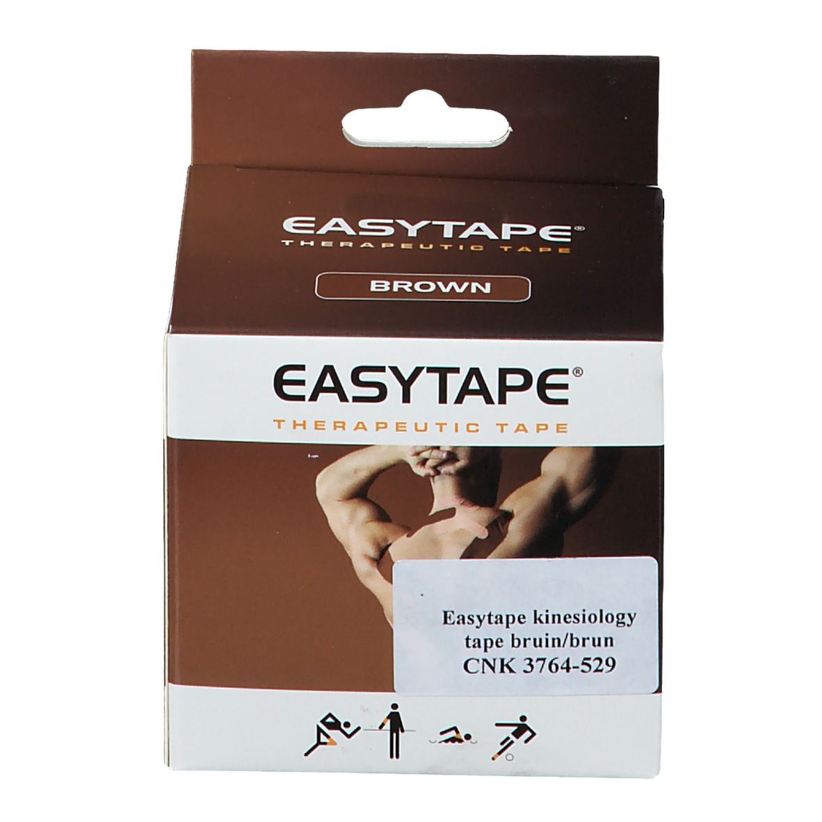 Verpakking EasyTape Kinesiology Tape. Bruine doos met naam en 'BROWN'. Sticker met productinformatie.