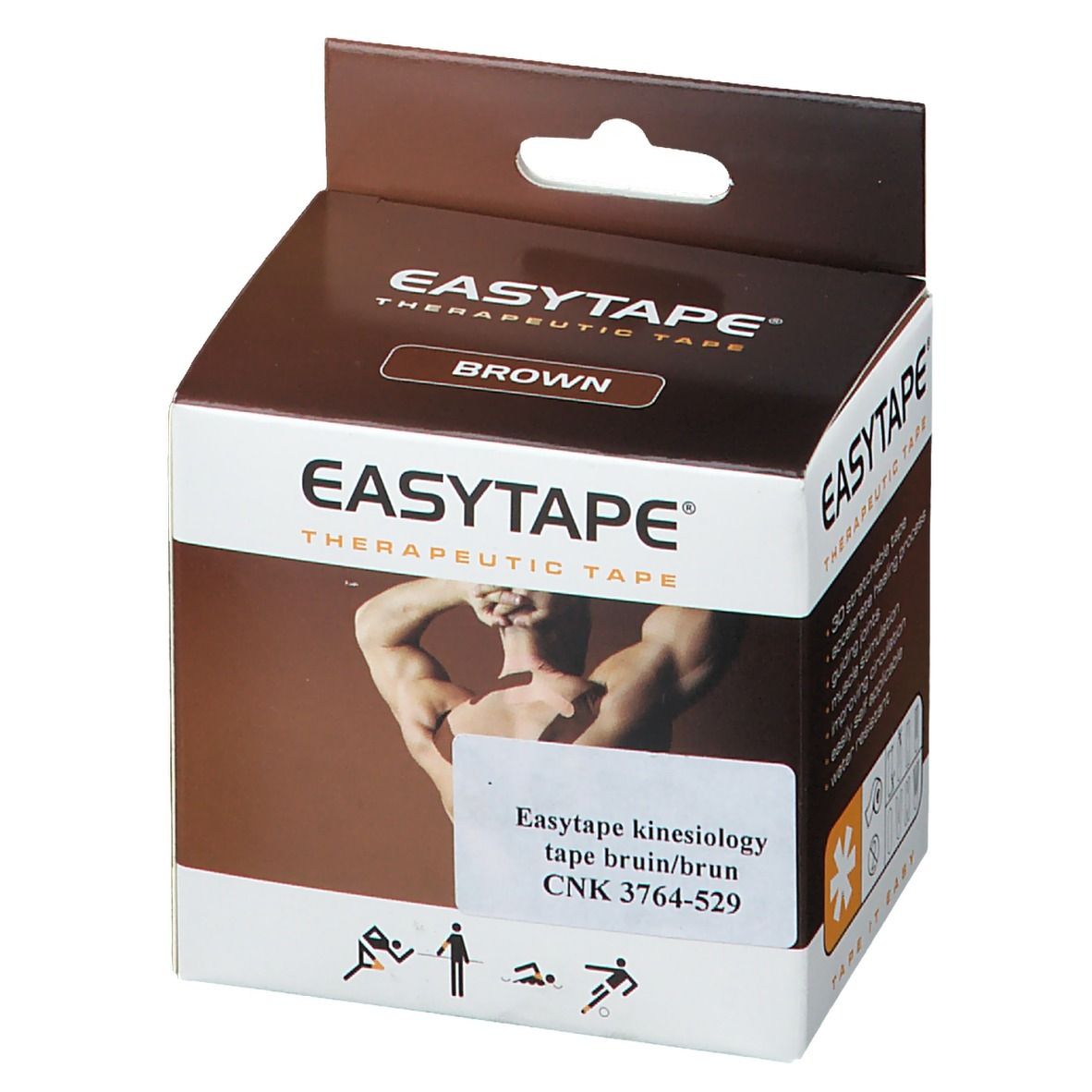 Verpakking EasyTape Kinesiology Tape. Bruine doos met naam en 'BROWN'. Sticker met productinformatie.