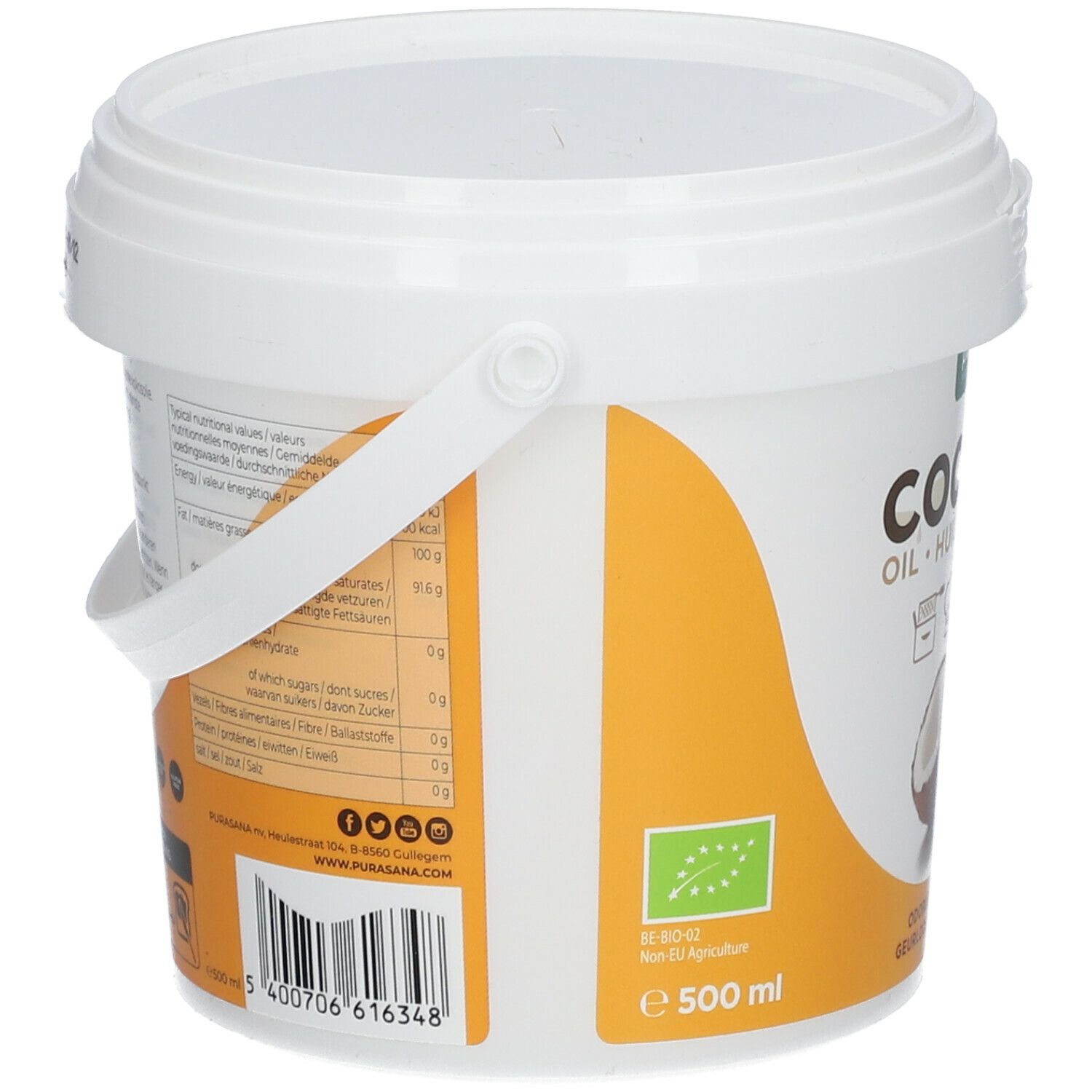 Witte emmer, zijaanzicht. Bedrukking met voedingswaarde en bio-keurmerk. EAN-code en volume-aanduiding: 500 ml.