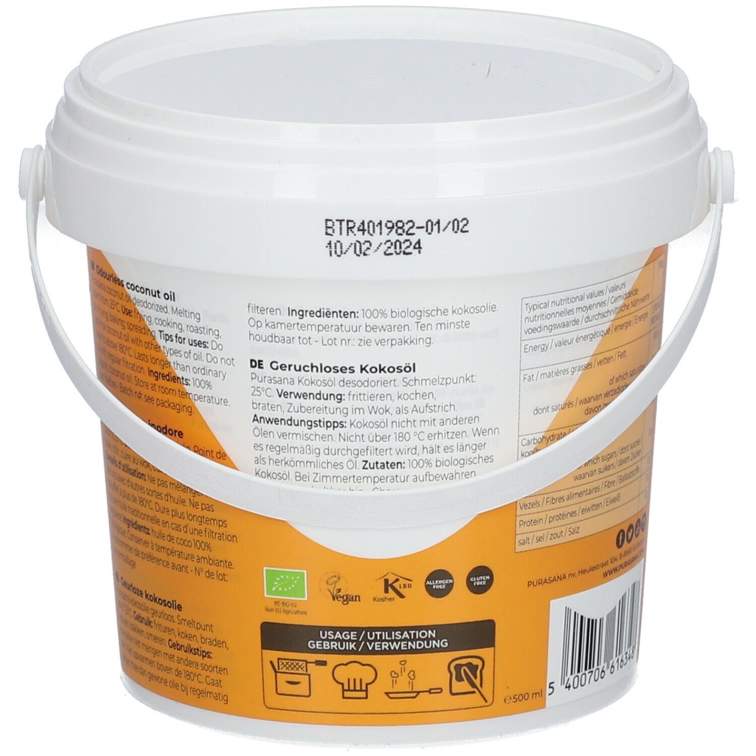 Witte emmer, zijaanzicht. Tekst met ingrediënten en gebruikstips. Bio-keurmerk, vegan logo, Kosher-certificering.