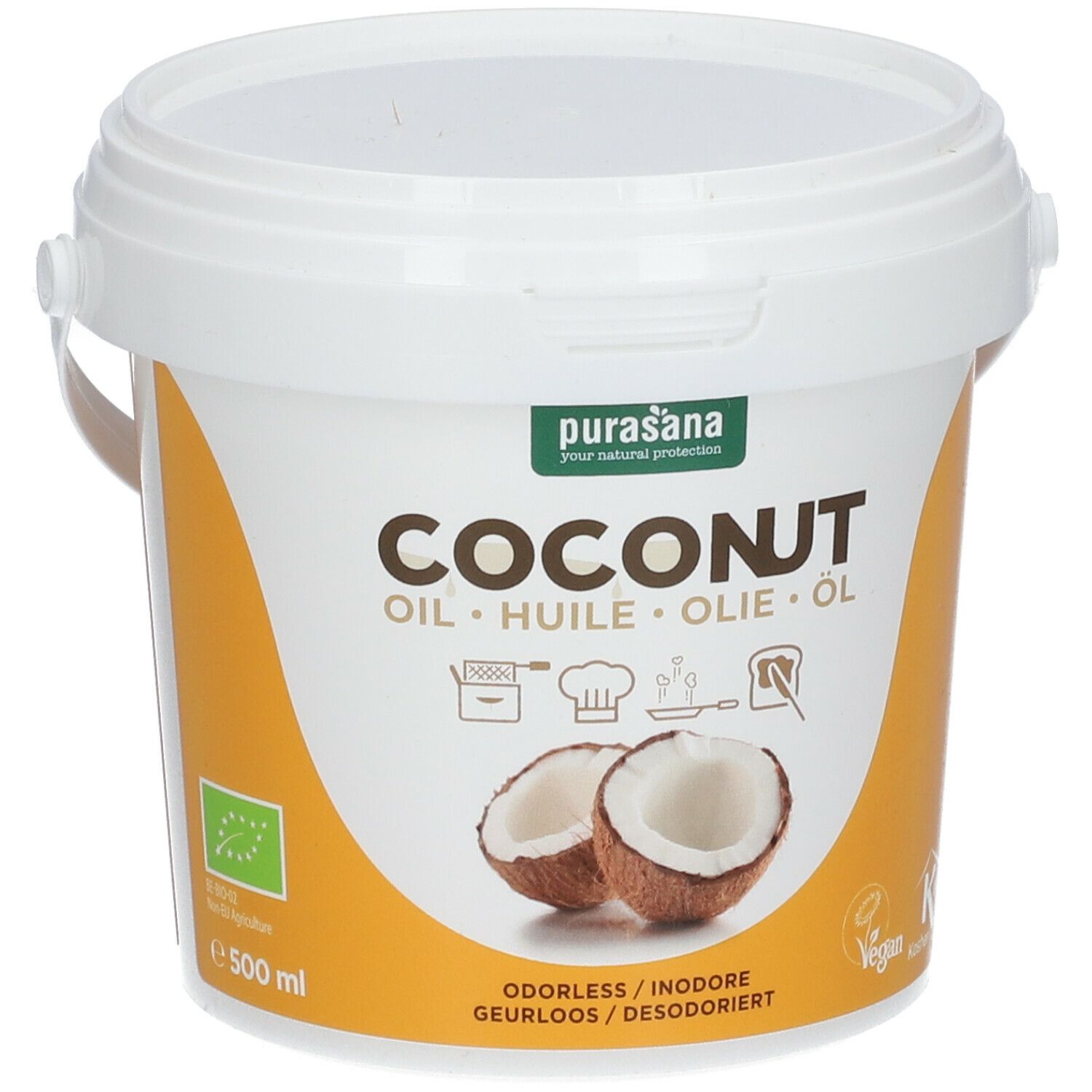 Witte emmer met deksel en handvat. Opschrift: COCONUT OIL. Kokosnoot-illustratie. Bio-keurmerk, vegan logo, Kosher-certificering.