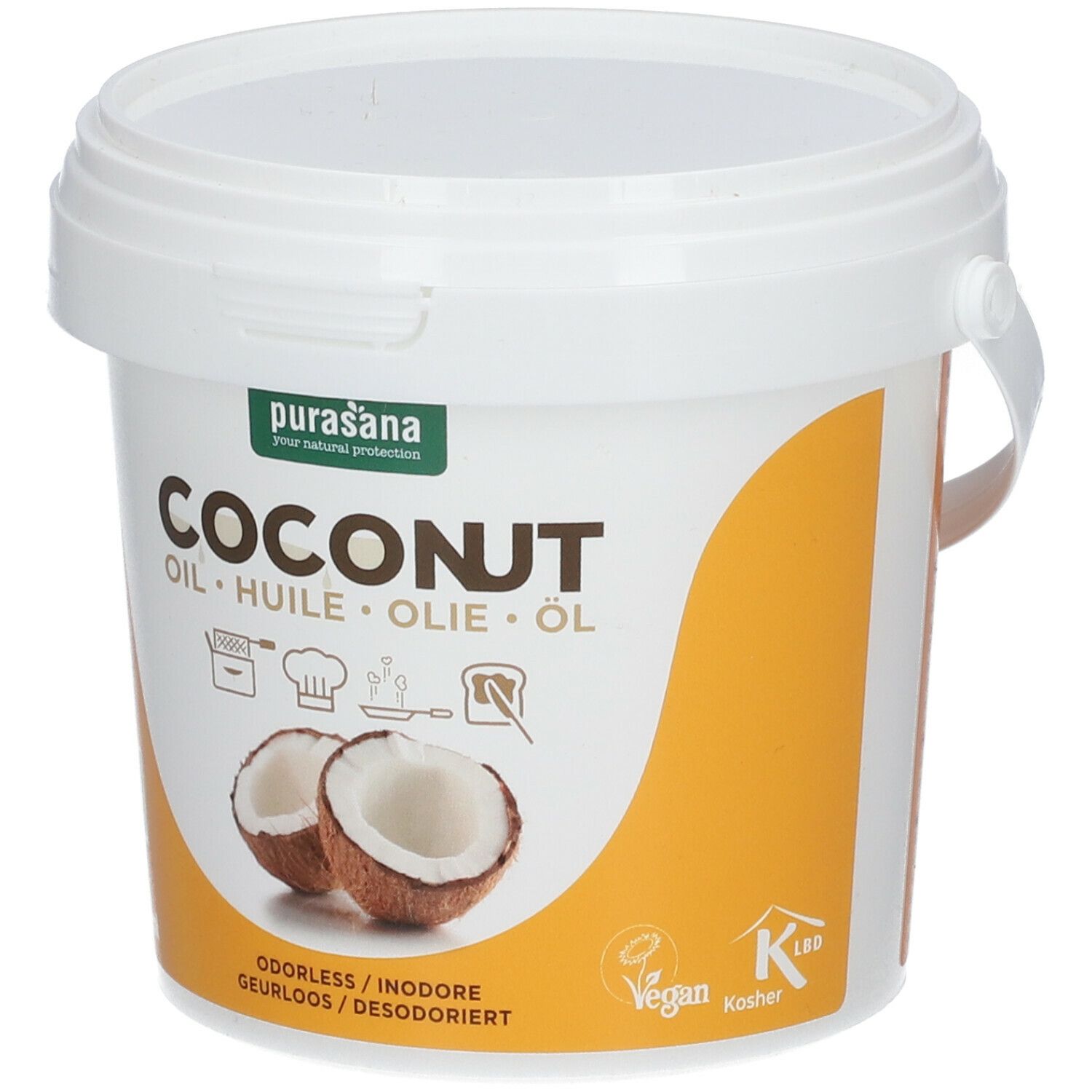 Witte emmer met deksel en handvat. Opschrift: COCONUT OIL. Kokosnoot-illustratie. Bio-keurmerk, vegan logo, Kosher-certificering.