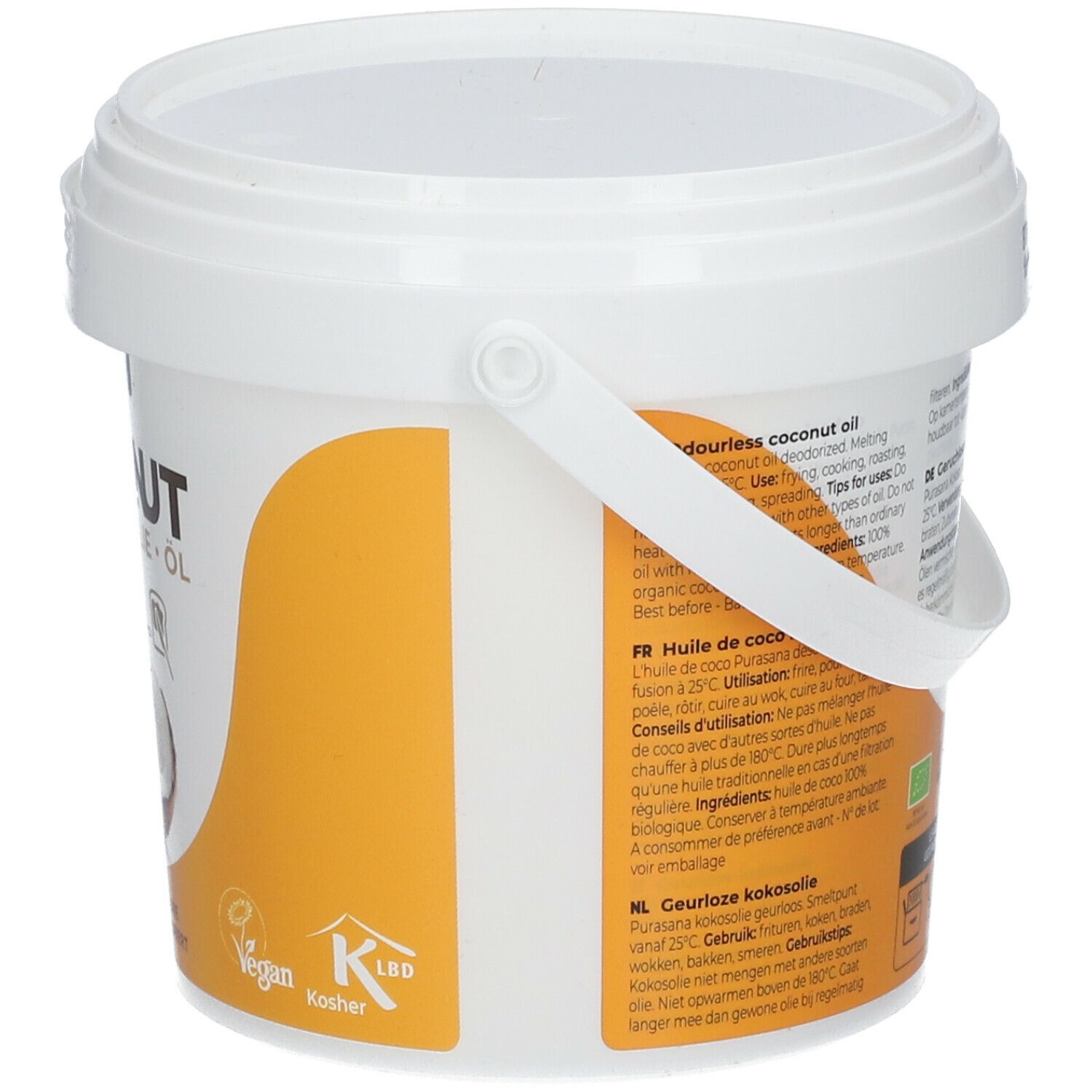 Witte emmer, zijaanzicht. Tekst met ingrediënten en gebruikstips. Bio-keurmerk, vegan logo, Kosher-certificering.