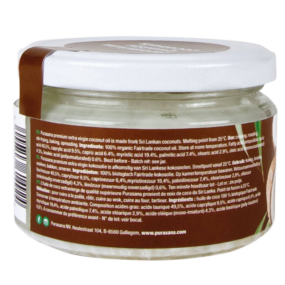 Dos du pot de Purasana Bio Kokosöl. Texte multilingue: ingrédients, informations nutritionnelles. Labels: Vegan, Fairtrade. Étiquette marron.