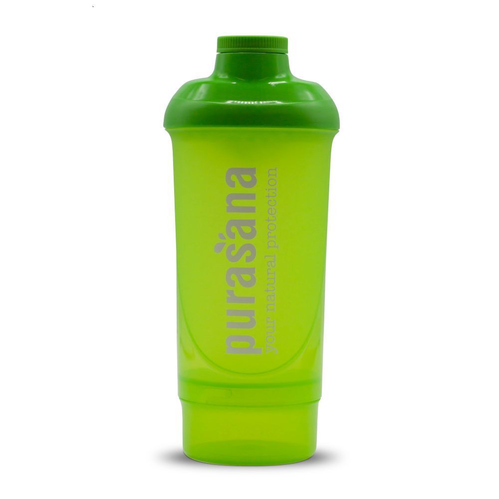 Groene shaker. Cilindrische vorm met groen deksel. Opschrift "Purasana".