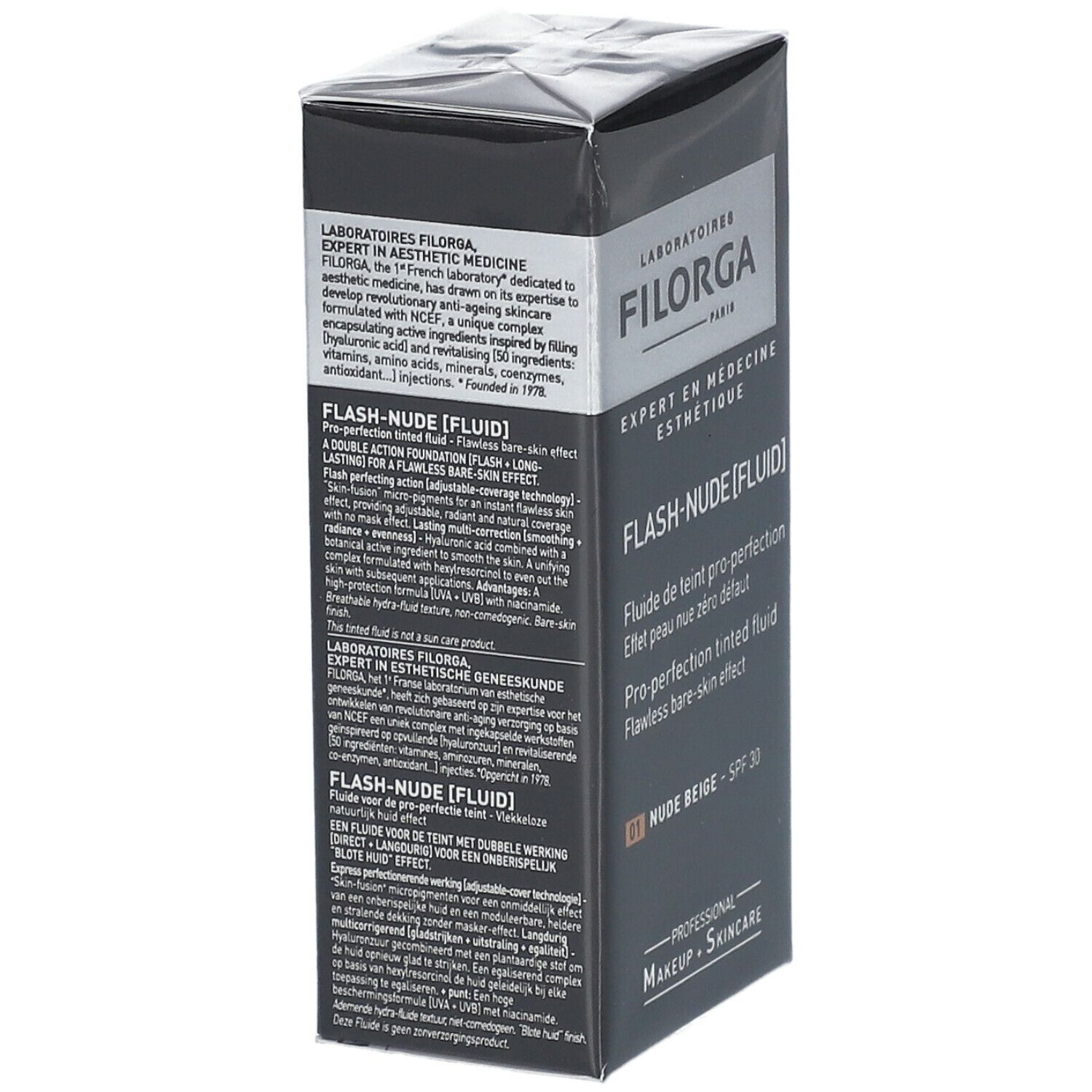 FILORGA FLASH-NUDE FLUID SPF30. Schwarze Verpackung mit Produktinformationen. Text: FLASH-NUDE [FLUID], NUDE BEIGE, SPF 30.