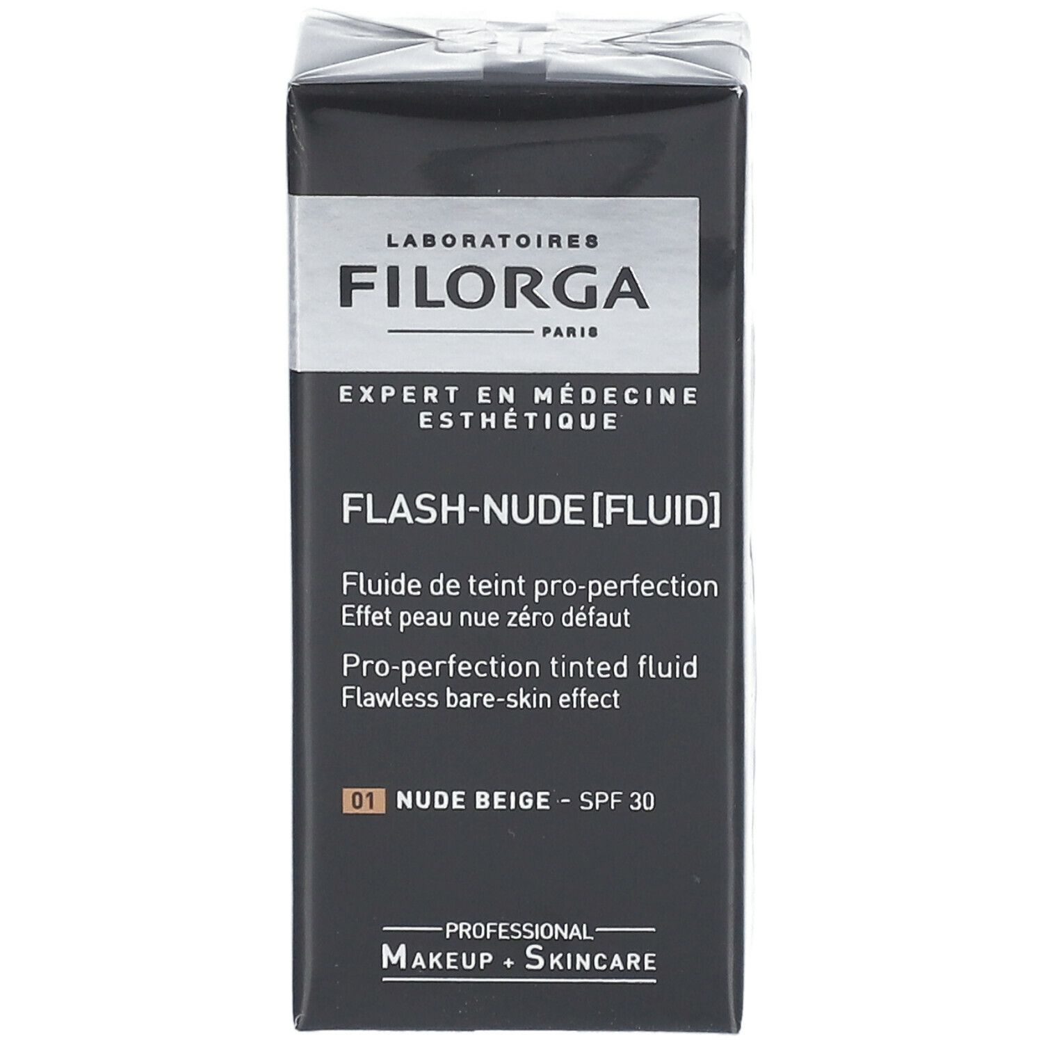 FILORGA FLASH-NUDE FLUID SPF30. Schwarze Verpackung mit Produktinformationen. Text: FLASH-NUDE [FLUID], 01 NUDE BEIGE, SPF 30.