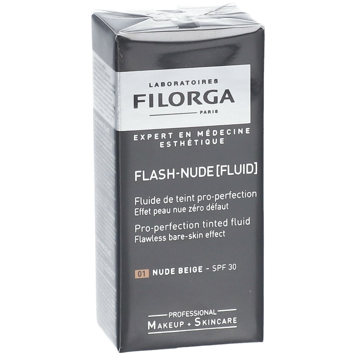 FILORGA FLASH-NUDE FLUID SPF30. Schwarze Verpackung mit Produktinformationen. Text: FLASH-NUDE [FLUID], 01 NUDE BEIGE, SPF 30.