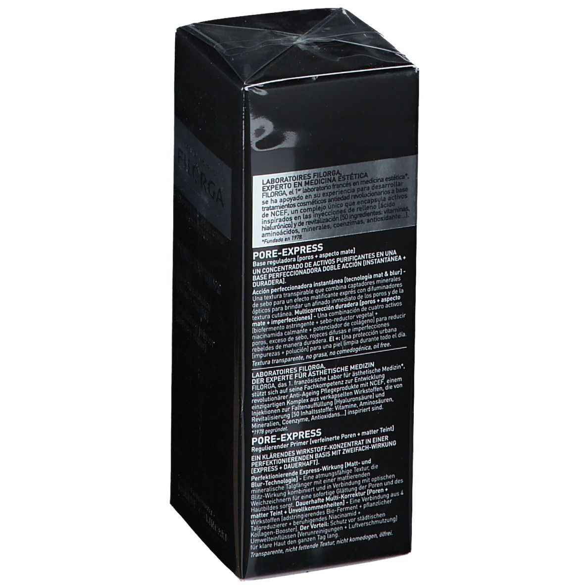 Dos de la boîte noire Filorga. Texte multilingue. Nom du produit : PORE-EXPRESS. Logo du fabricant.