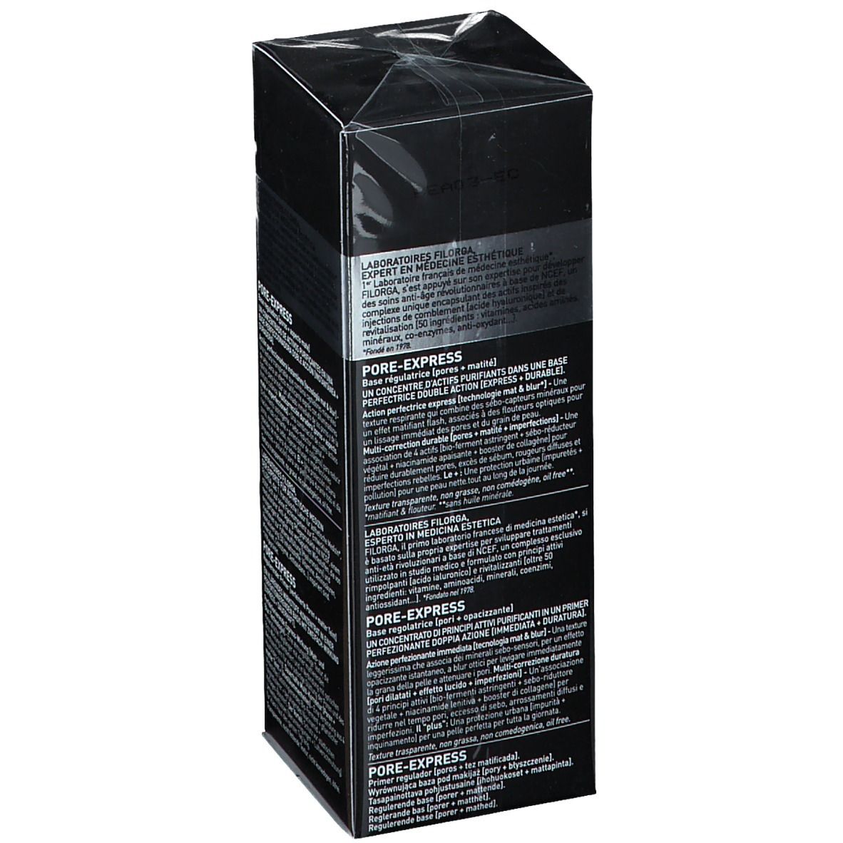 Côté de la boîte noire Filorga. Texte multilingue. Nom du produit : PORE-EXPRESS. Logo du fabricant.