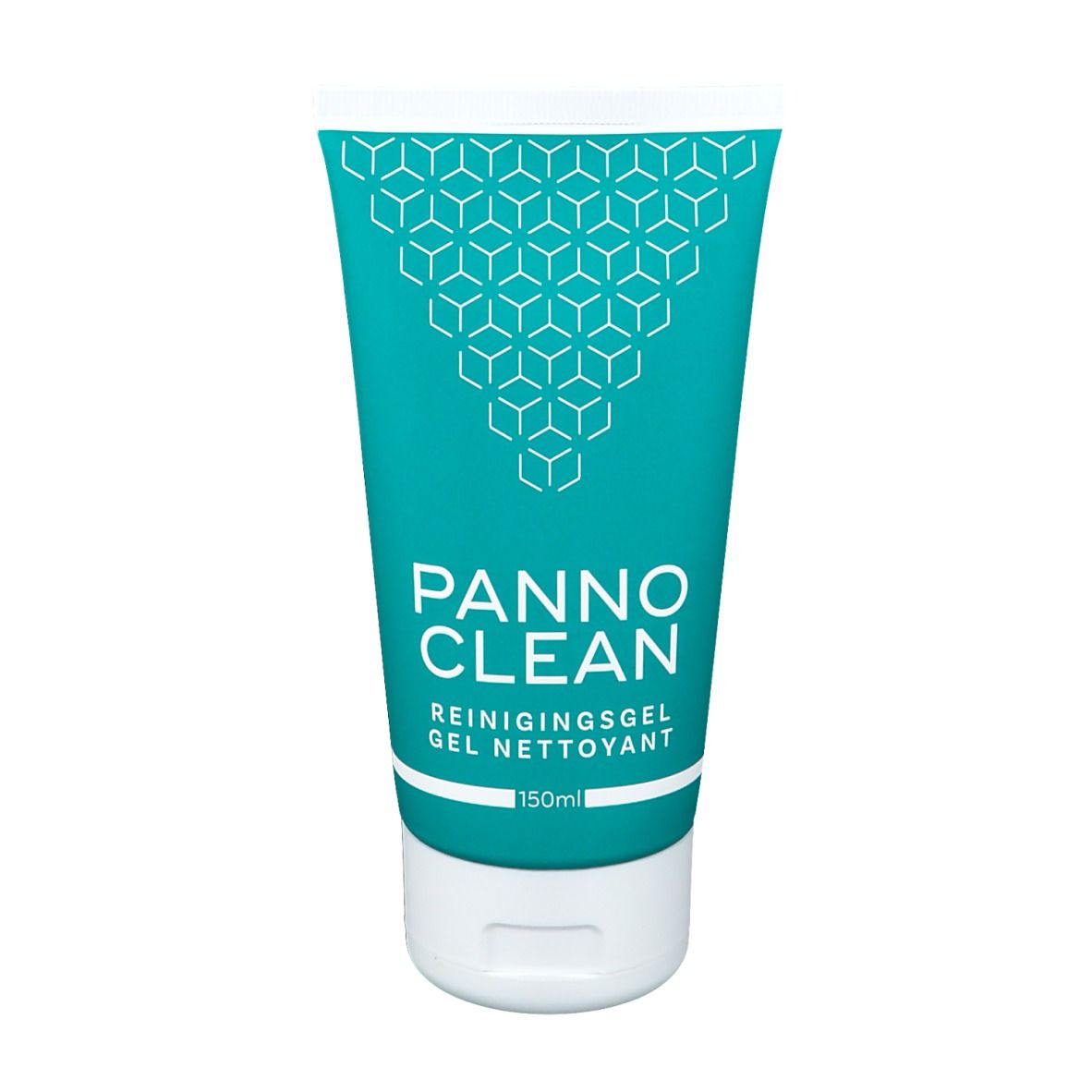 Tube turquoise avec bouchon blanc. Inscription: PANNO CLEAN, Gel nettoyant, 150ml. Motif géométrique.