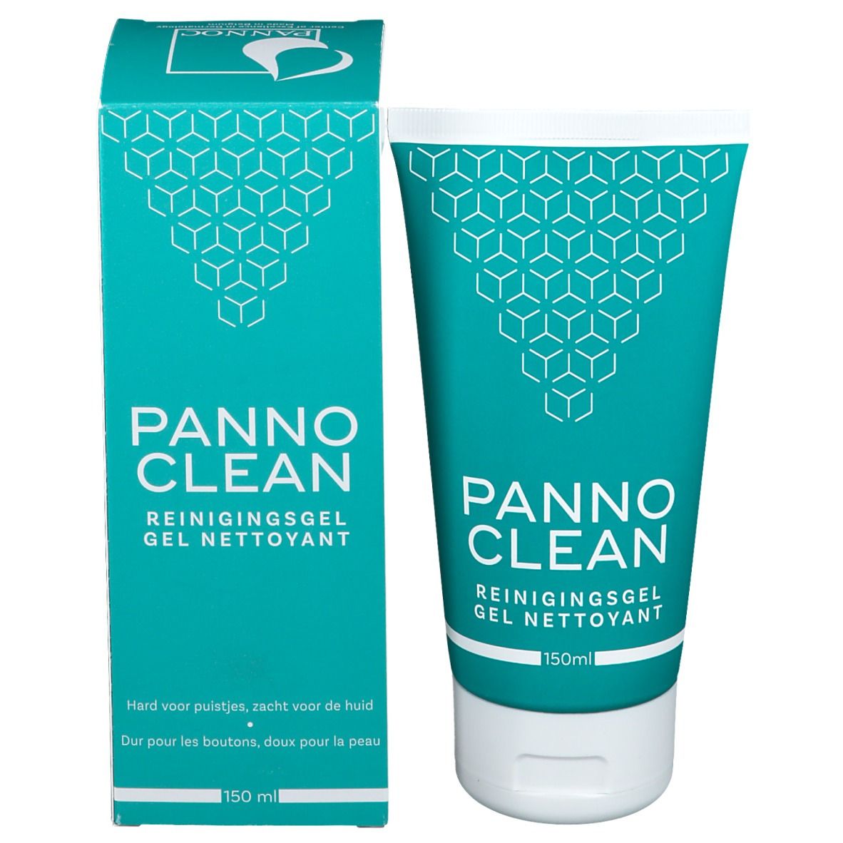 Emballage produit avec tube et boîte. Tube: turquoise, bouchon blanc, inscription PANNO CLEAN, 150ml. Boîte: turquoise, blanc.