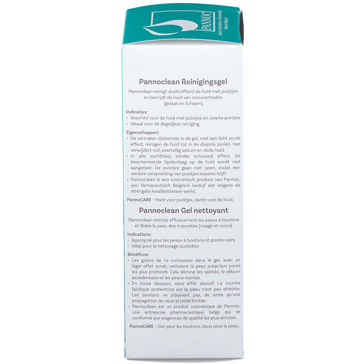 Boîte avec informations produit. Texte en anglais, français et néerlandais. Turquoise et blanc.