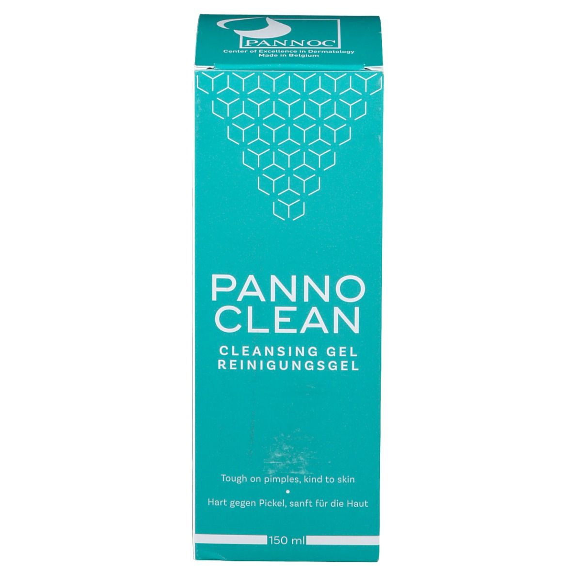 Boîte avec informations produit. Inscription: PANNO CLEAN, Gel nettoyant, 150ml. Turquoise et blanc.