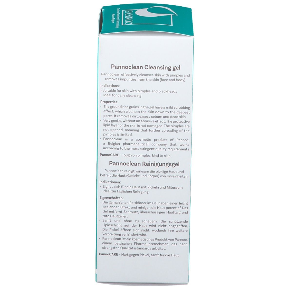 Boîte avec informations produit. Texte en anglais et allemand. Turquoise et blanc.