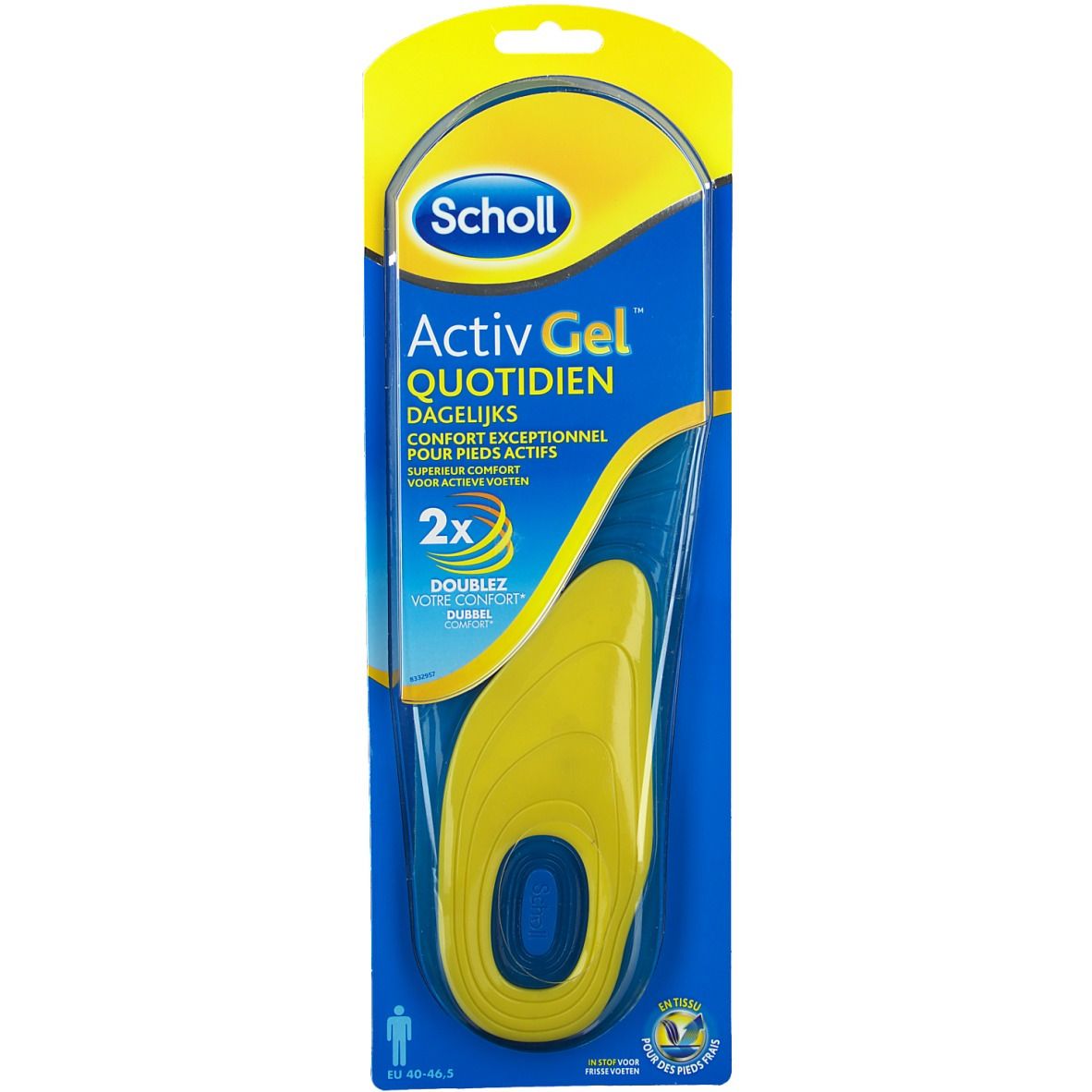 Semelles intérieures en gel dans un emballage. Jaune et bleu. Inscription : Scholl Activ Gel Quotidien. 2x.