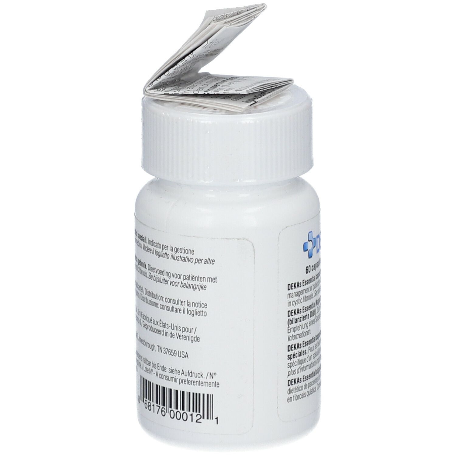 Flacon blanc de DEKAs Essential capsules. Notice sur le couvercle. Texte au dos.