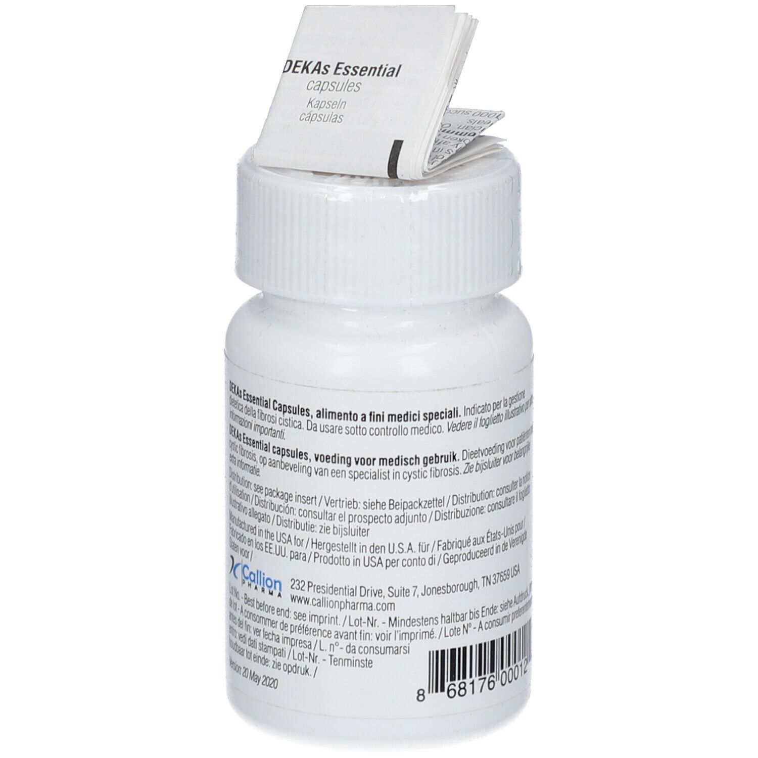 Flacon blanc de DEKAs Essential capsules. Notice sur le couvercle. Texte au dos.