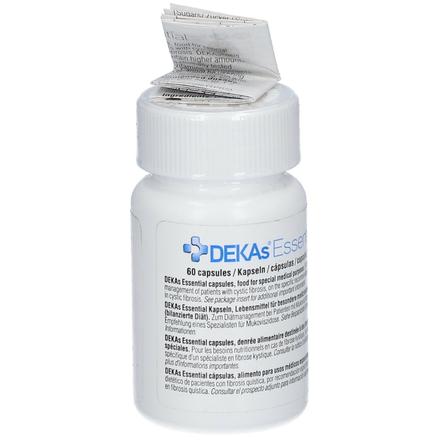 Flacon blanc de DEKAs Essential capsules. Inscription: 60 capsules. Notice sur le couvercle.