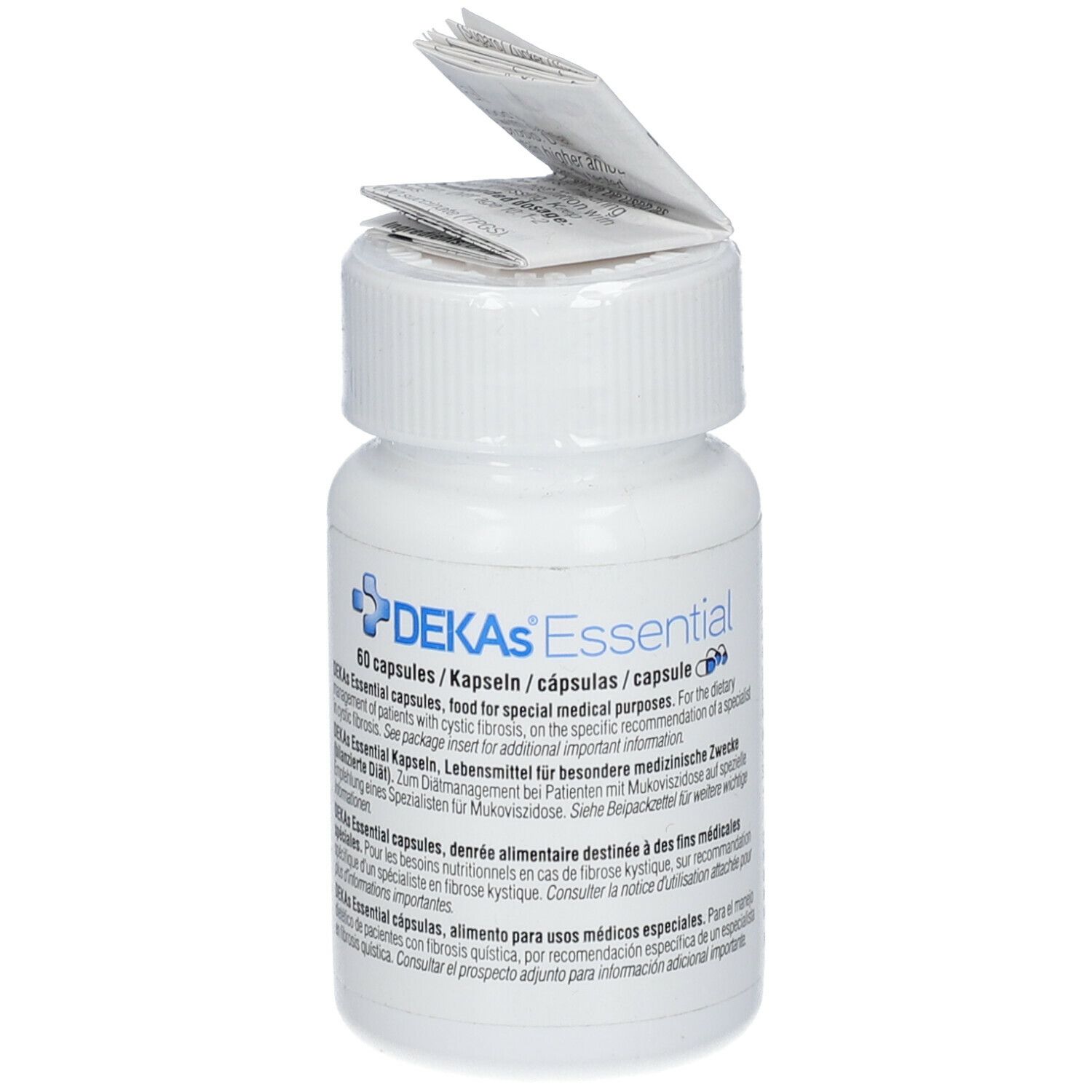 Flacon blanc de DEKAs Essential capsules. Inscription: 60 capsules. Notice sur le couvercle.