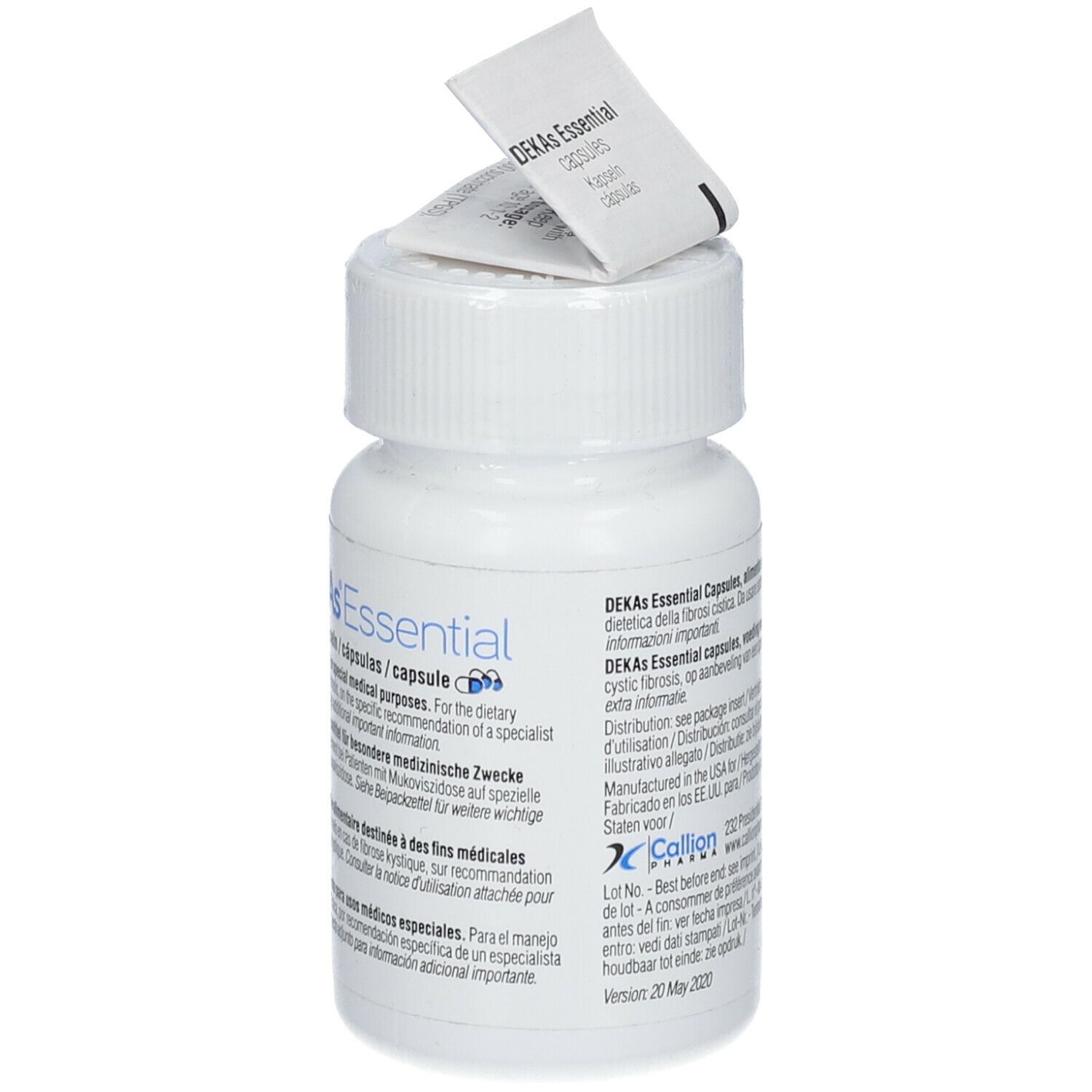 Flacon blanc de DEKAs Essential capsules. Notice sur le couvercle. Texte au dos.